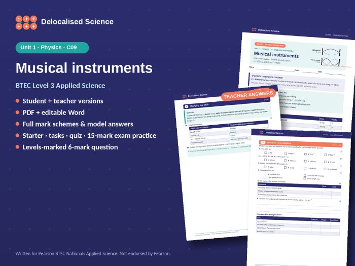 BTEC Applied Science Unit 1 Physics: Musical instruments (C09) - worksheet + answers