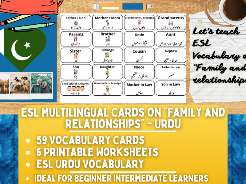 ESL Multilingual Vocabulary Flashcards - Family & Relationships - Urdu