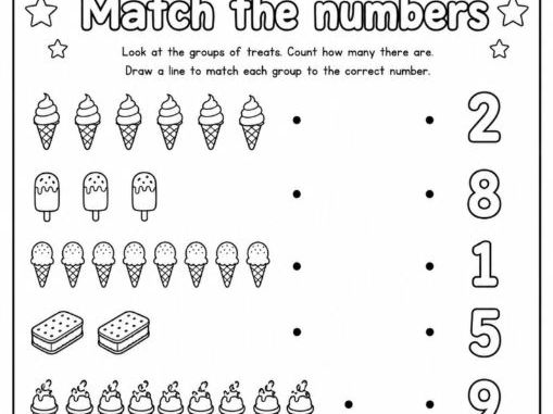KS1 Math 1-9 Number Matching Sweet Treats Colouring Worksheet