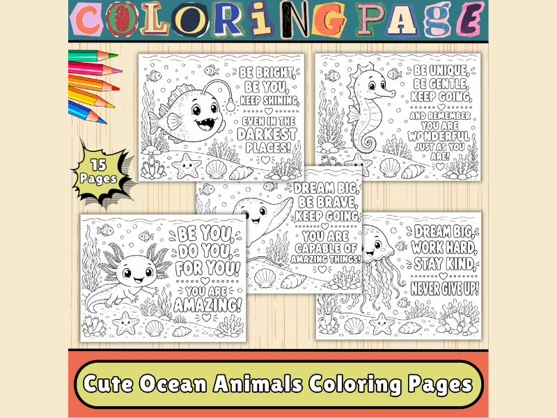 Cute Ocean Animals Printable for Kids | Cute Underwater Sea Life Coloring Pages