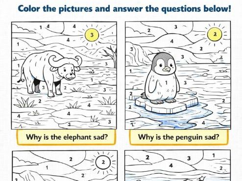 How Climate Change Affects Animals | Color by Number + QUESTIONS (K-grade3)