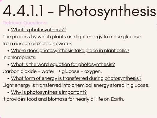 GCSE AQA Biology Knowledge Retrieval Unit 4 - Bioenergetics