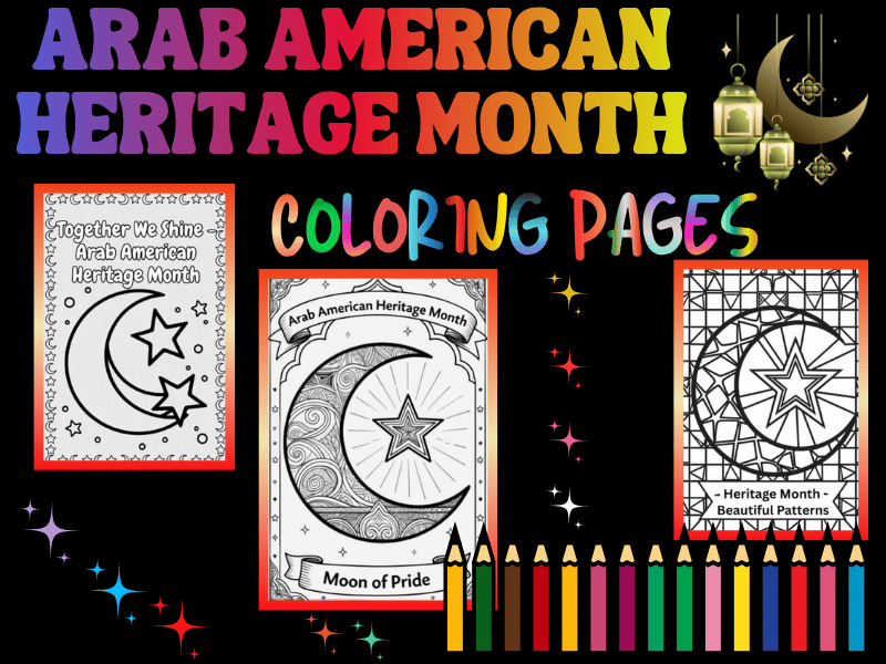 Arab American Heritage Month Unique Crescent Moon & Star Coloring Pages for Kids