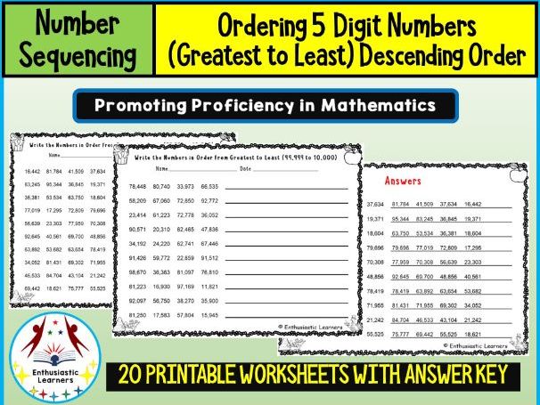 Ordering 5-Digit Numbers – Greatest to Least (Descending Order) Worksheets Practice Activities