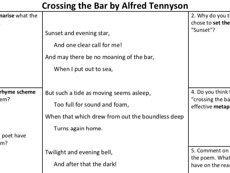 Unseen Poetry analysis worksheet - Crossing the Bar by Alfred Tennyson