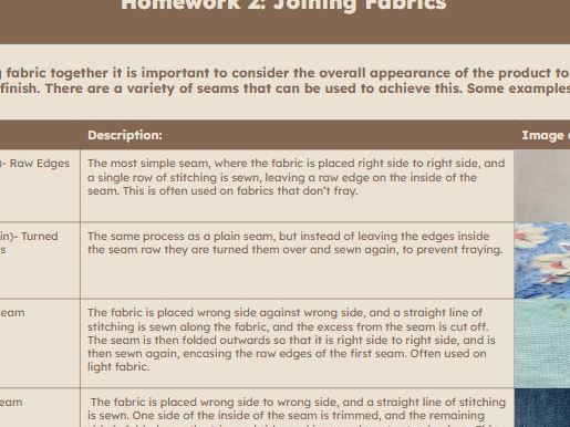 Seams Investigation Worksheet - Fabric Joining Methods
