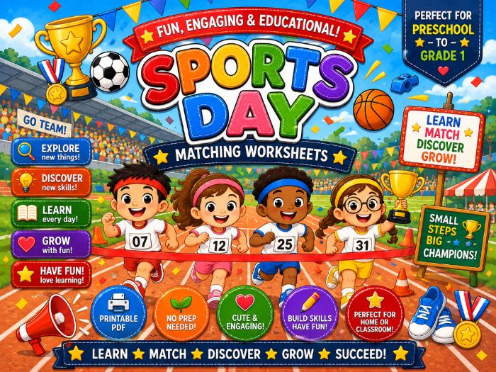Sports Day Matching Worksheets | Picture, Words, Numbers, Letters, Shapes & Colors | Preschool–1