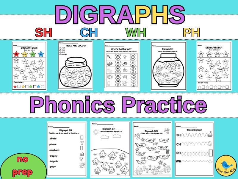 Digraphs CH, SH, PH, WH. Phonics Practice