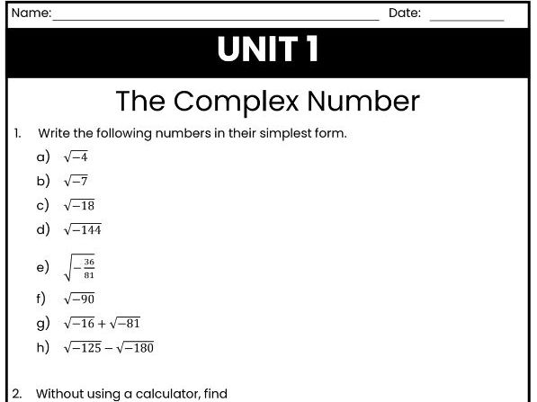 IB Math AI Worksheet AHL 1.12 - The Complex Number