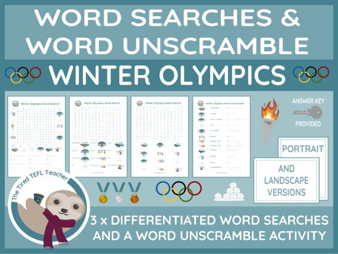 ESL Winter Olympics Differentiated Word Searches and Word Unscramble