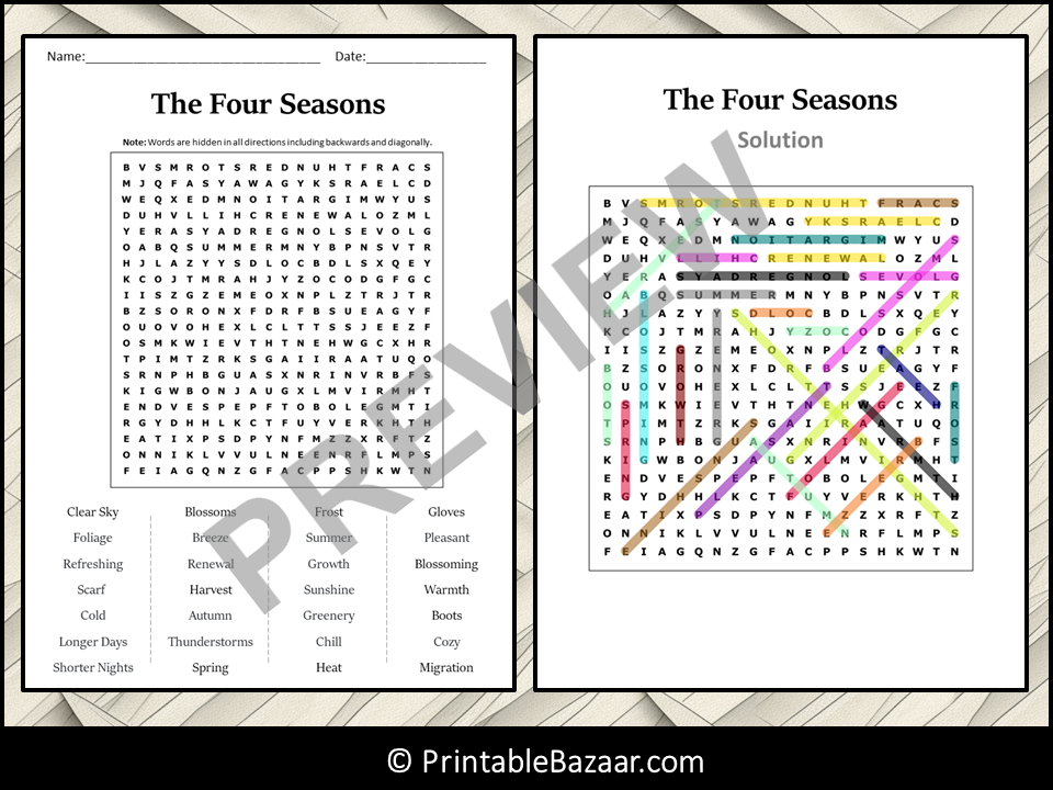 The Four Seasons Word Search Puzzle Worksheet Activity | Teaching Resources