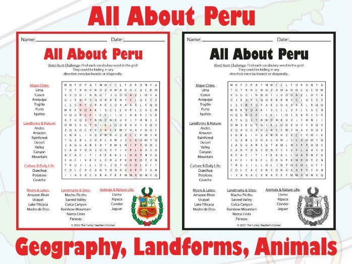 All About Peru Word Search | Geography, Landforms, Animals & Culture Activity