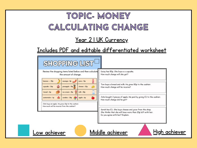 Year 2 Money – Calculating Change (UK Currency) | Differentiated Maths Worksheets