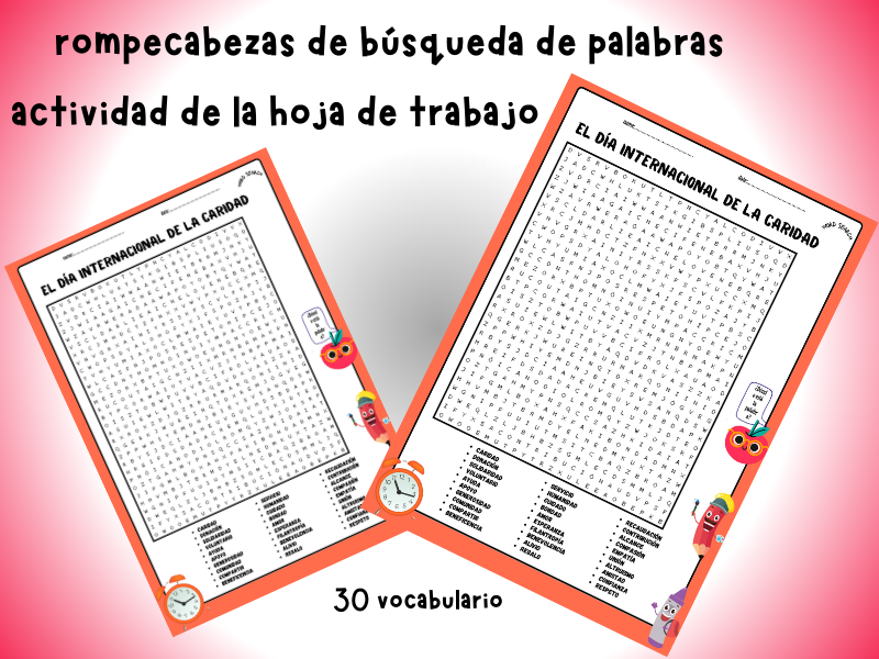 International Day of Charity Word Search Puzzle In Spanish Worksheet Activity