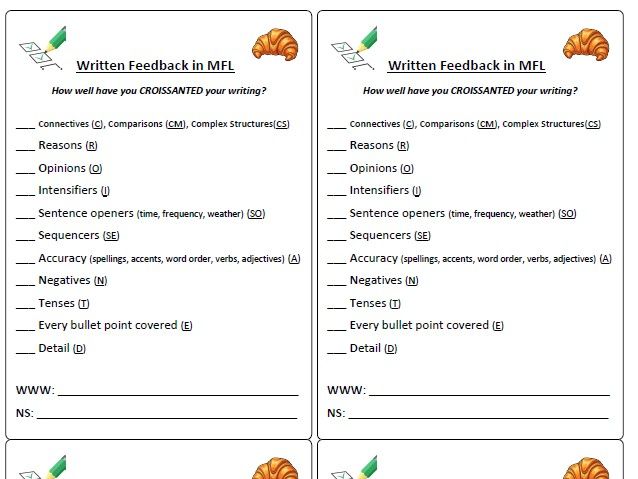 MFL Written Feedback WWW NS CROISSANTED Sheet Stickers