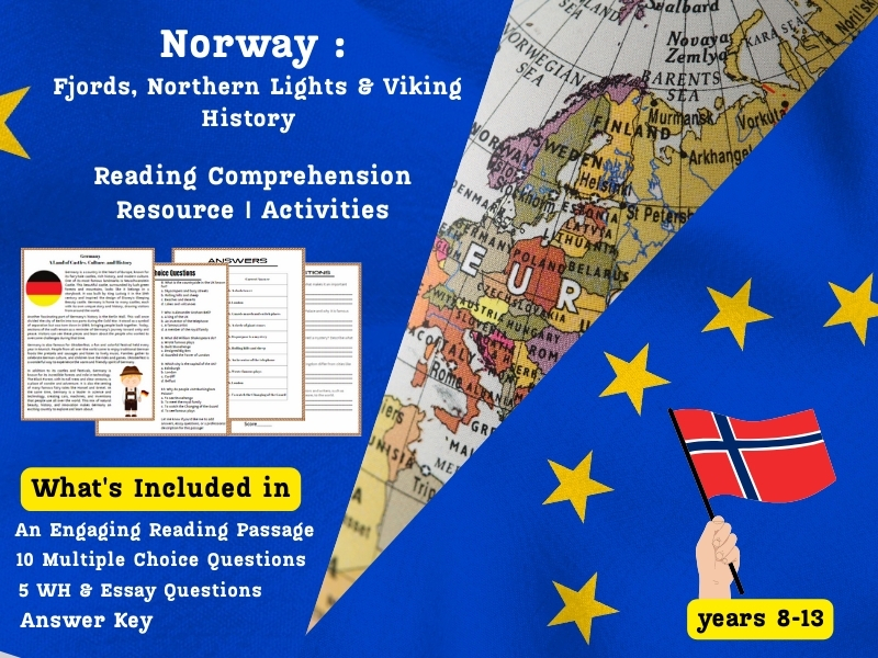 Norway Reading Comprehension Pack: Fjords, Northern Lights & Viking History - Activities