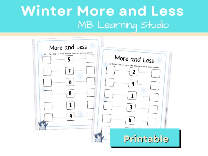 Winter / Christmas One More One Less Worksheet (Numbers to 10)