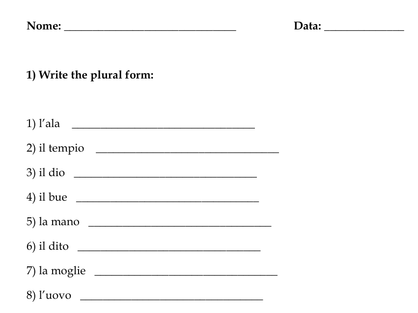 Irregular Italian Nouns, Singular - Plural Number Woksheets