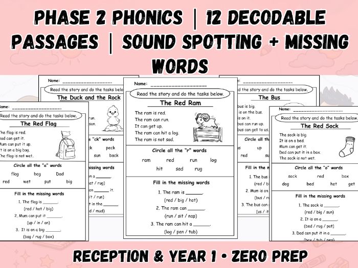 Phase 2 Phonics: 12 Decodable Passages + Sound Spotting & Missing Words