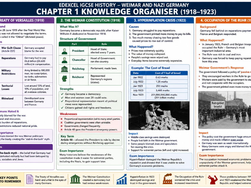 Edexcel iGCSE Germany: Development of Dictatorship, 1918–45 Chapter 1 Knowledge Organiser