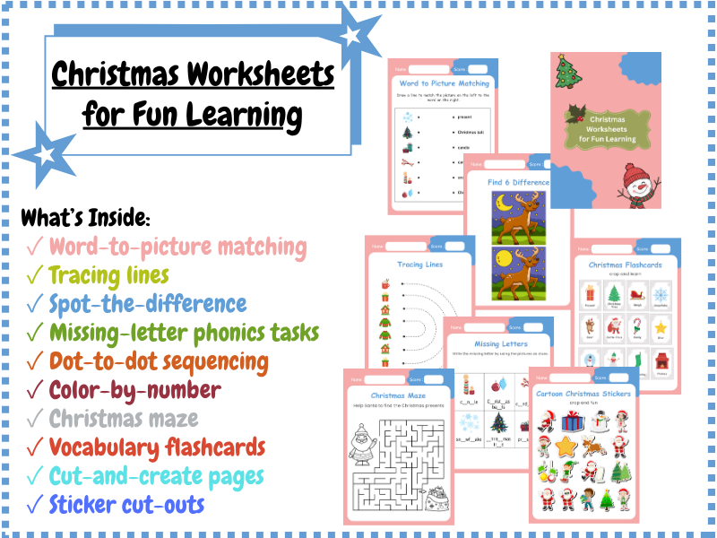 Christmas Worksheets for Fun Learning – Early Literacy, Fine Motor & Holiday Activities (PreK–3)