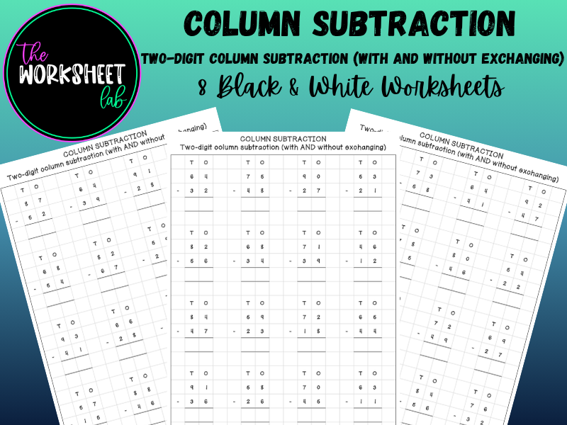 Two-Digit Column Subtraction on Squared Paper (With and Without Exchanging) Worksheets in B&W