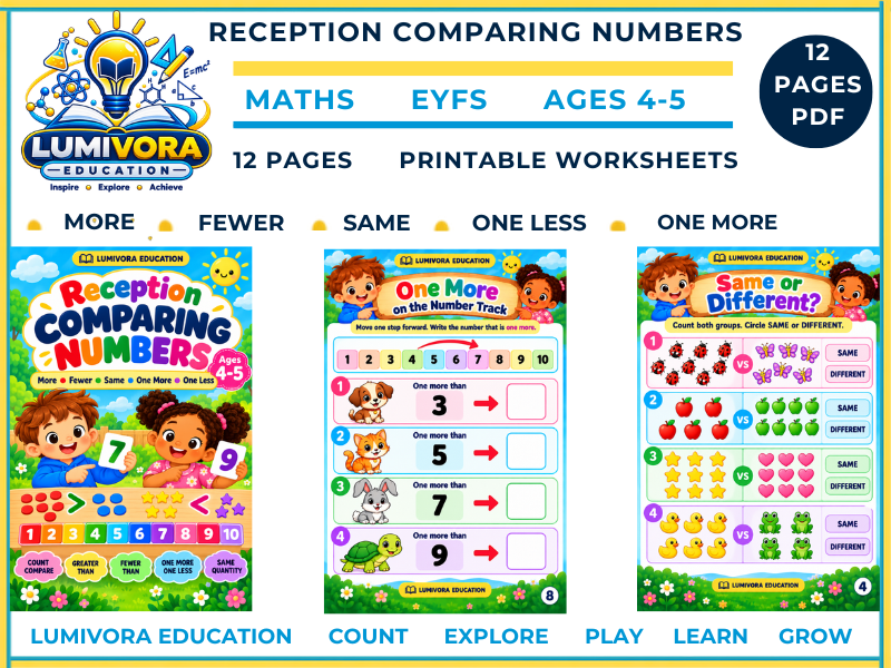 Reception Comparing Numbers Worksheets  More, Fewer, One More & One Less  EYFS