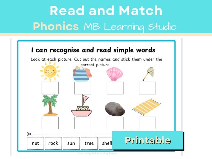 Summer-Themed Read and Match Worksheet – Phonics Activity for EYFS, KS1, Pre-K to 1st Grade