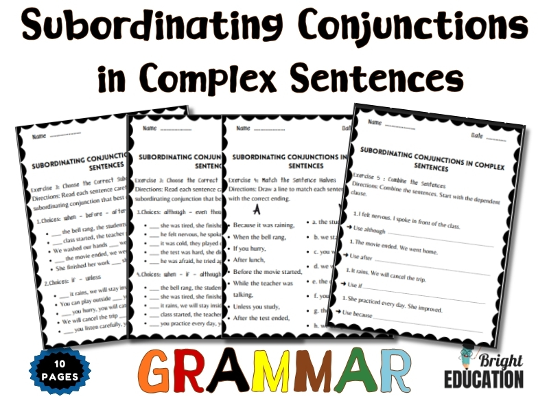 Subordinating Conjunctions in Complex Sentences Grammar Worksheets