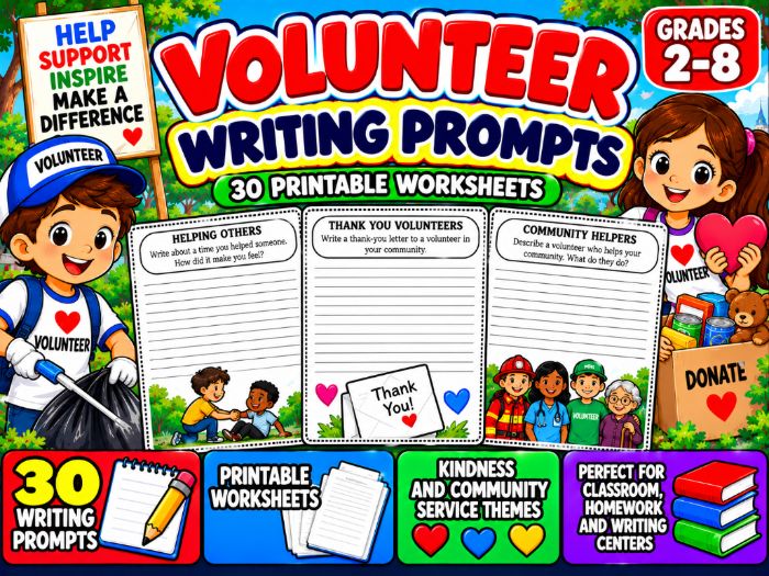 Volunteer Writing Prompts | 30 Printable Worksheets