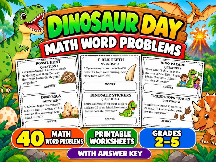 Dinosaur Day Math Word Problems | 40 Printable Worksheets with Answer Key
