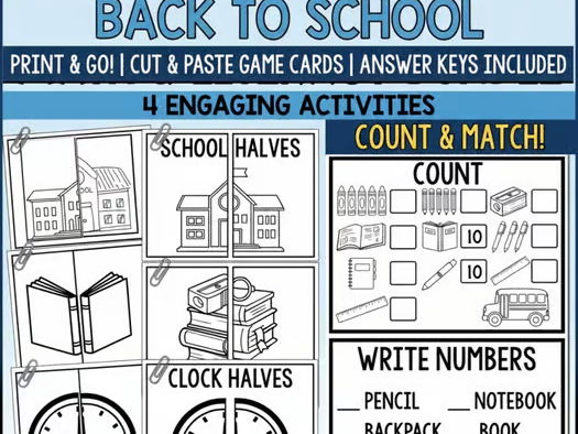 Back to School Icebreaker Cut & Paste, Match Halves, Count & Write Activities