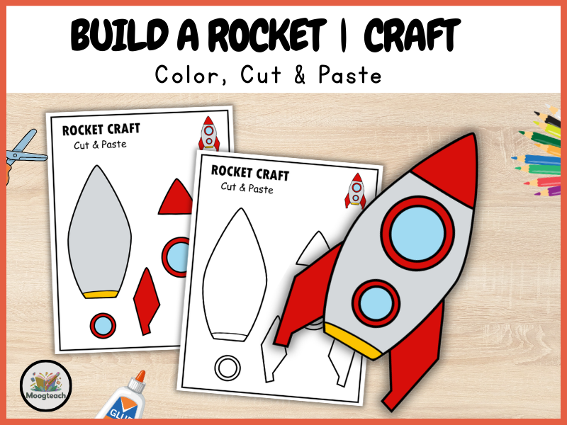 Rocket Craft Printable | Space Theme Cut and Paste Activity | Preschool Astronaut Coloring Worksheet