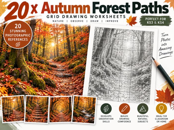 20 Autumn Forest Paths Grid Drawing Worksheets | KS3 & KS4 Art | 6x6 Drawing Activities