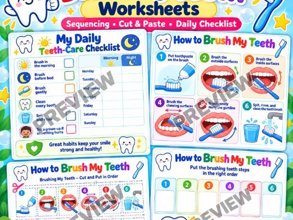 Brushing Teeth Worksheets, Sequencing, Cut & Paste + Daily Teeth Care Checklist