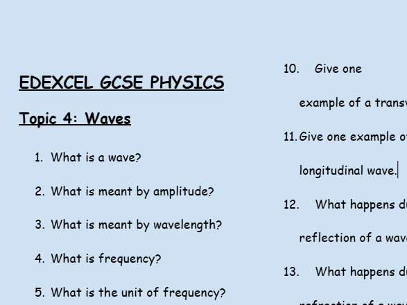 GCSE Edexcel Physics Topic 4: Waves Revision Worksheet