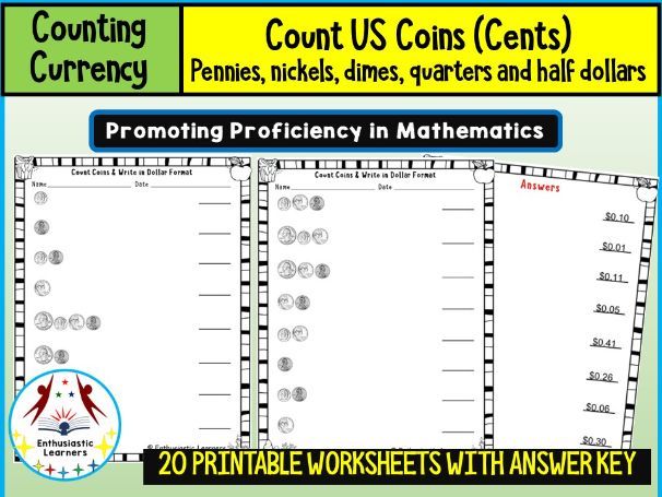 Count the U.S. Coins and Write in Dollar Format Worksheets Math Problems