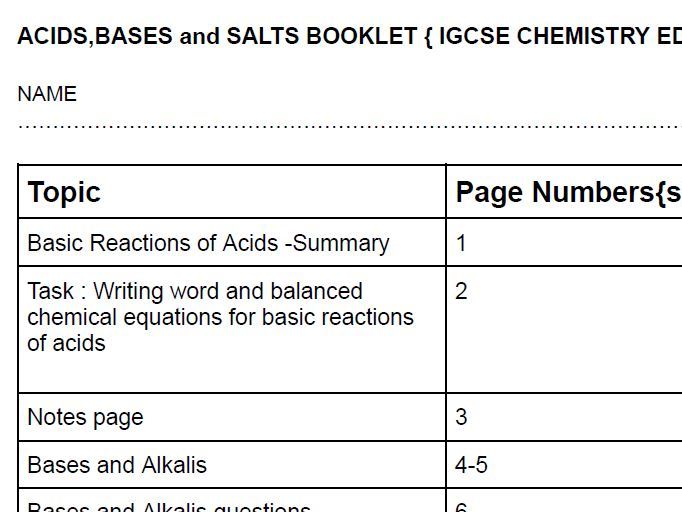 Acids, Bases and Salts  Booklet IGCSE Chemistry Edexcel {9-1}