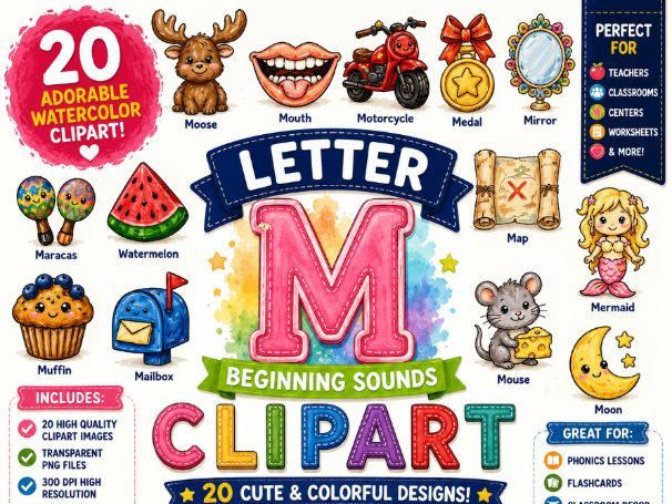Letter M Beginning Sounds Clipart | Watercolor Alphabet Clipart