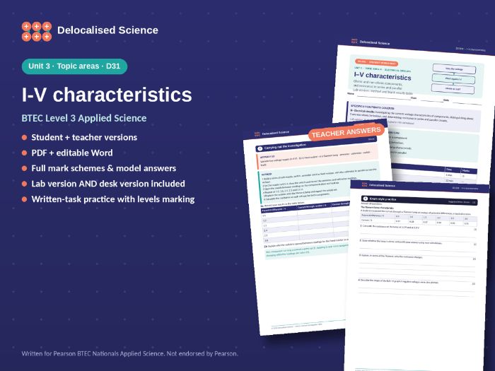 BTEC Applied Science Unit 3: I-V characteristics (D31) - worksheet + answers
