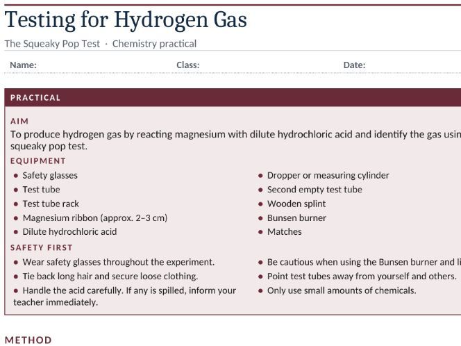 Testing for Hydrogen Gas Practical