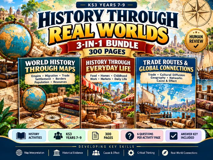 KS3 History Activities Mega Bundle  Maps, Everyday Life & Global Trade  300 Pages