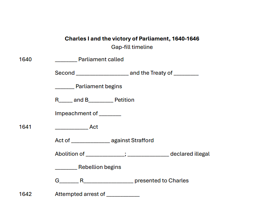 Gap-fill timeline - Charles I and the victory of Parliament (OCR A-level history Unit Y108)