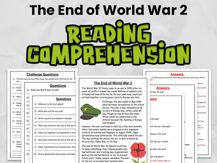 The End of World War 2 Reading Comprehension for KS2 or Gr 3 - 5: No Prep