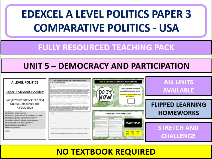 Edexcel A Level Politics Paper 3 USA Unit 5 Booklet + PowerPoint Full Teaching Pack (Democracy)