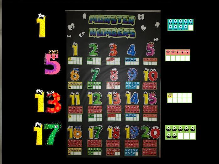 Monster Numbers and 10 Frames. EYFS or KS1 maths, numbers to 20, display or practical resource.