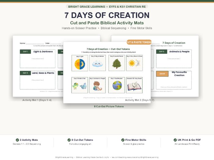 7 Days of Creation Cut and Paste Activity Mats | EYFS & KS1 Bible Craft