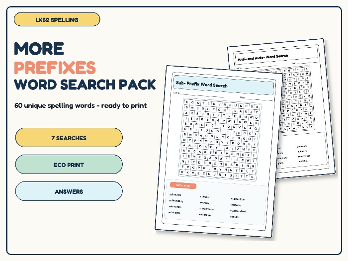 LKS2 More Prefixes Word Search Pack | 7 Spelling Activities