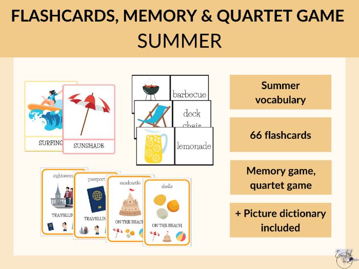 Summer flashcards, memory & quartet game - printable PDF
