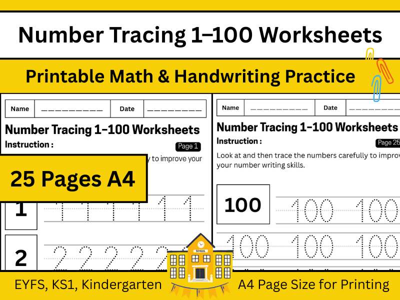 Number Tracing 1–100 Worksheets | Printable Math & Handwriting Practice